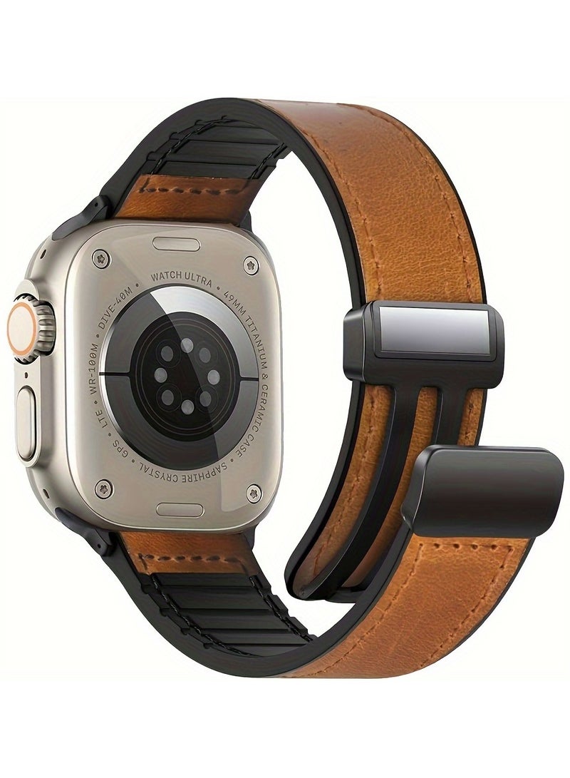 Silicone and Leather Apple Watch Band, Magnetic Buckle Design, Waterproof and Sweat Resistant, Stainless Steel Connection for iWatch Ultra Series 9 8 7 SE 6 5 4 (Sizes 49mm, 44mm, 45mm, 42mm)  - Image 1