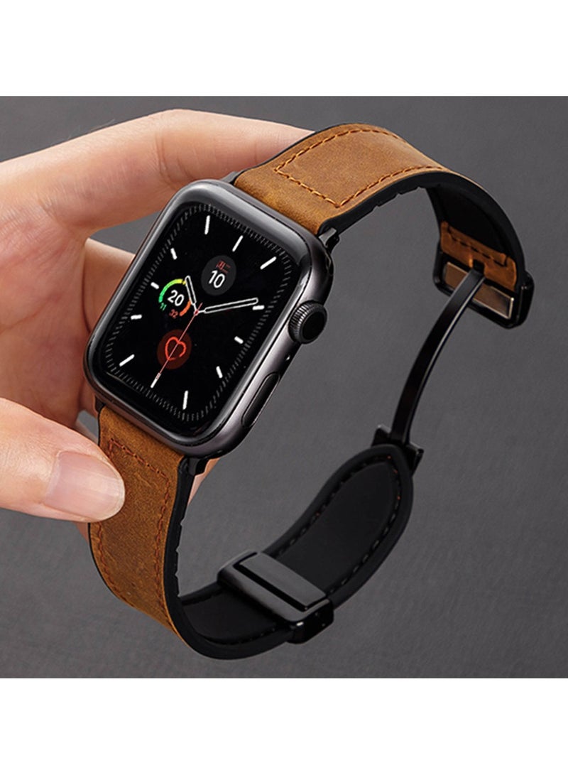 Silicone and Leather Apple Watch Band, Magnetic Buckle Design, Waterproof and Sweat Resistant, Stainless Steel Connection for iWatch Ultra Series 9 8 7 SE 6 5 4 (Sizes 49mm, 44mm, 45mm, 42mm)  - Image 2