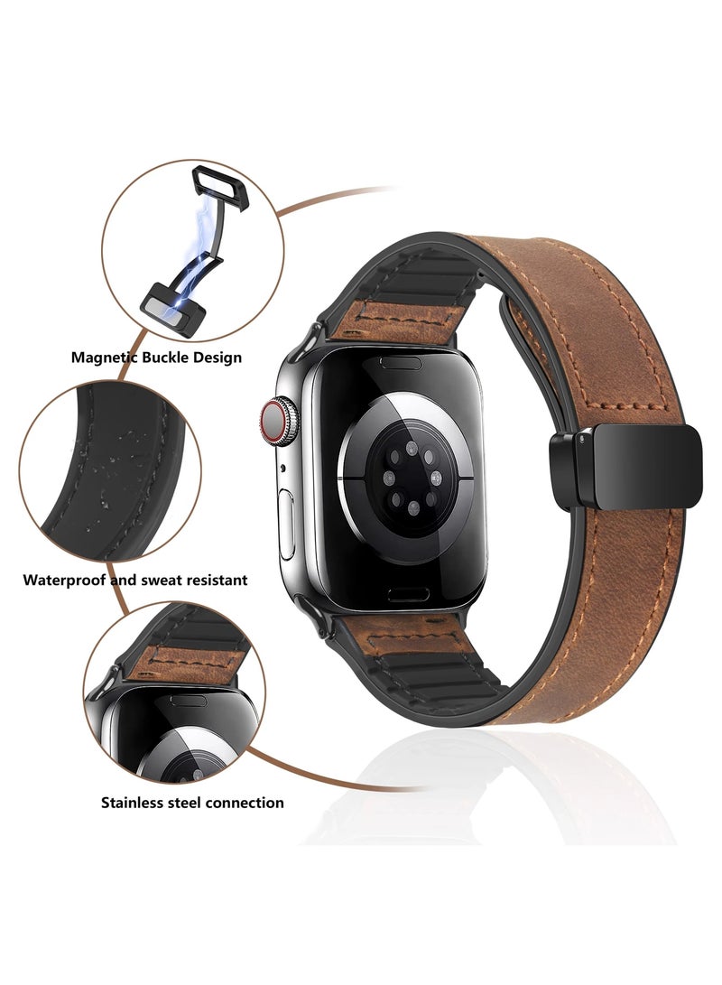 Silicone and Leather Apple Watch Band, Magnetic Buckle Design, Waterproof and Sweat Resistant, Stainless Steel Connection for iWatch Ultra Series 9 8 7 SE 6 5 4 (Sizes 49mm, 44mm, 45mm, 42mm)  - Image 4