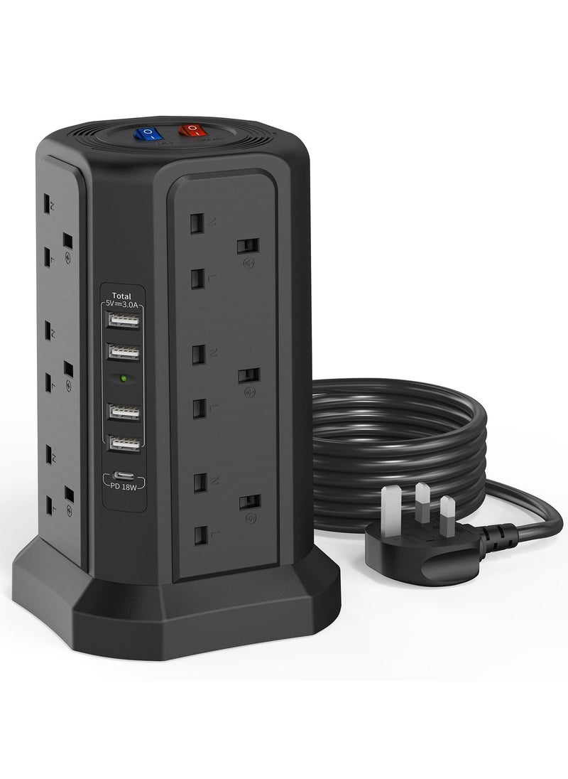 Anmi - Tower Extension Lead with USB Slots and 18W USB C Fast Charger(5V/3.1A), 12 Way Plug Extension Tower, Surge Protected Extension Lead with Switch, Multi Plug Socket , 1.8M Extension Cable - Image 1