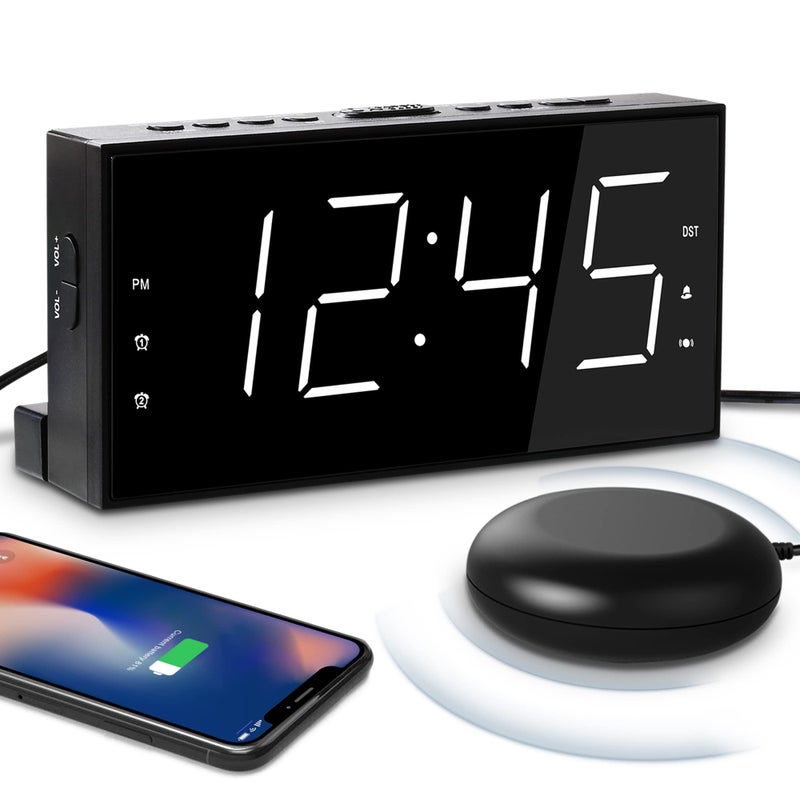 Mesqool Loud Alarm Clock with Bed Shaker for Deaf Heavy Sleepers Hearing ImpairedDual AlarmUSB Phone ChargerLarge LED DisplayBig Snooze ButtonDST 1224HBattery Backup Adjustable DimmerWhite