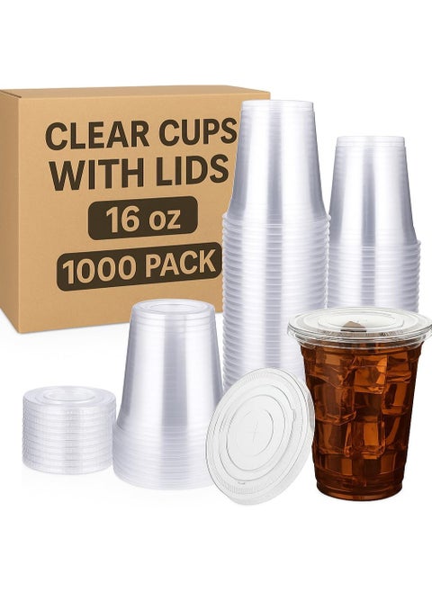 [1000 Pack] Clear Plastic Cups with Flat Lids 16 oz – Disposable, BPA-Free Juice Cups for Iced Coffee, Smoothies, Juice, Cold Drinks – Ideal for Parties, Events, and To-Go Use