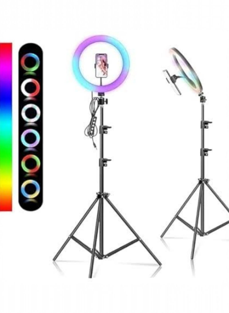 رينج لايت 26 سم باضاءة ملونة ار جي بي مع حامل ثلاثي القوائم وحامل للموبايل ، للبث المباشر والمكياج وتصوير الفيديوهات