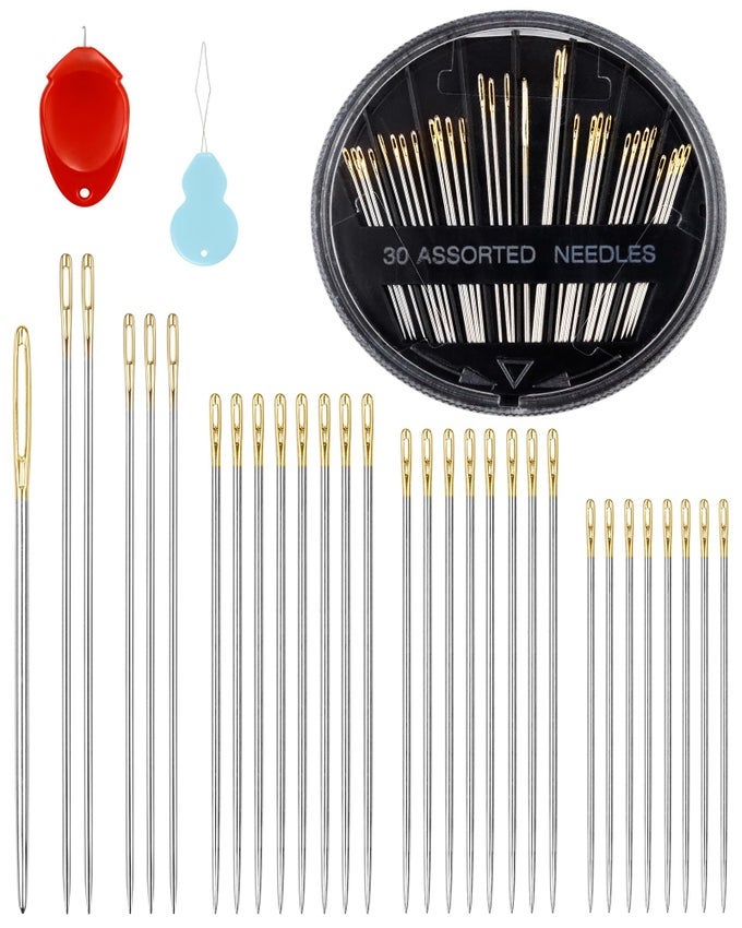 30COUNT STEEL NEEDLES FOR HAND SEWING 6 SIZES LARGE EYE EMBROIDERY AND HAND QUILTING NEEDLES KIT WITH THREADERS FOR ART CRAFT PROJECTS