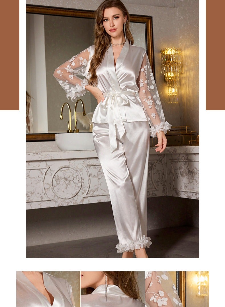 Long Sleeved Long Pants Lace Sleepwear Home Suit Set  - Image 5