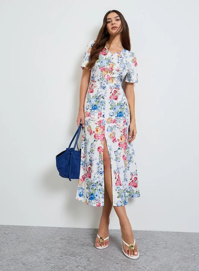 Take Two White Floral A-Line Midi Dress with Front Slit