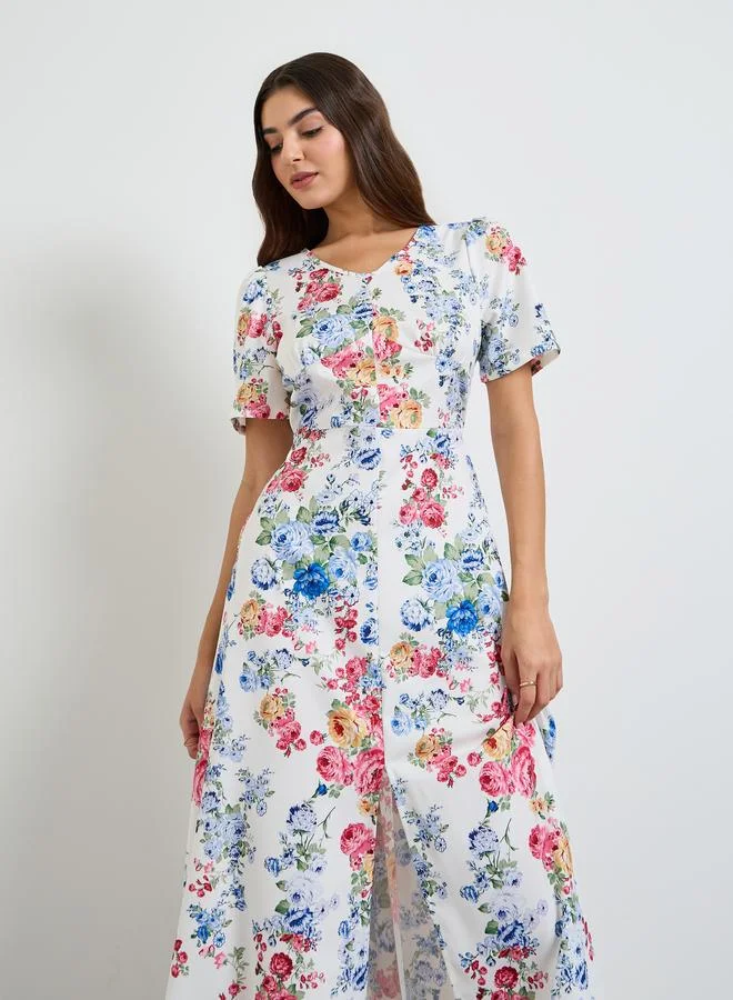 Take Two White Floral A-Line Midi Dress with Front Slit