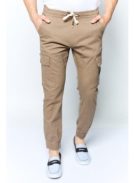 Men Regular Fit Brand Logo Cargo Pants, Tan