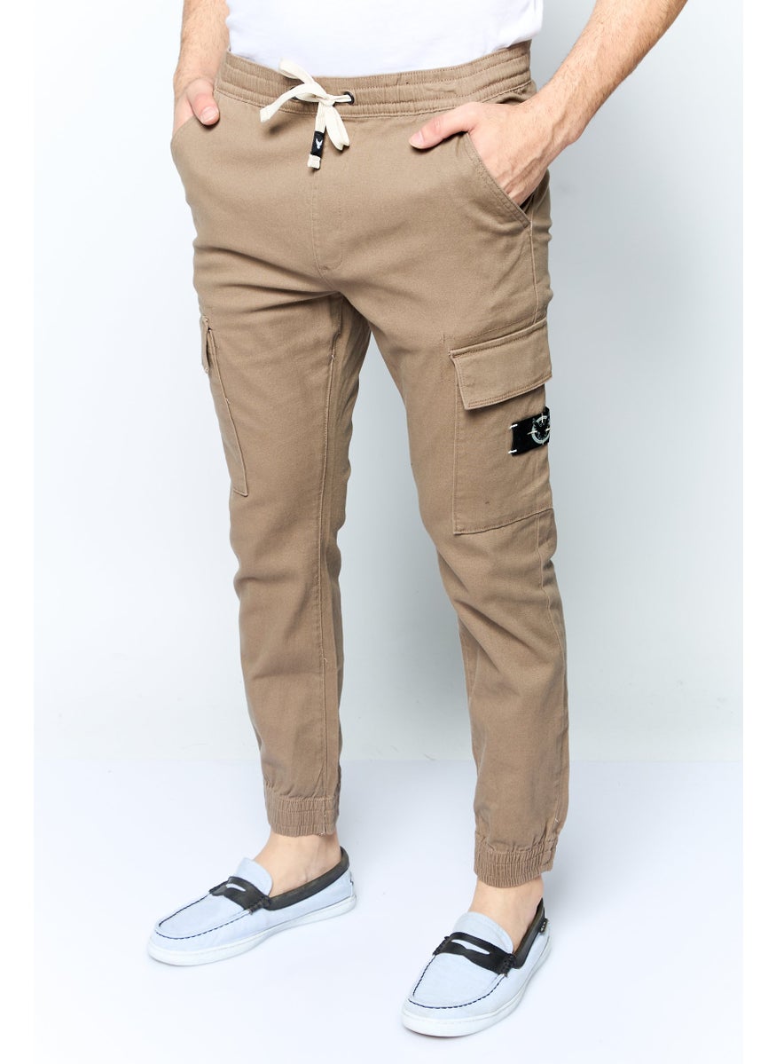 Company Eighty One - Men Regular Fit Brand Logo Cargo Pants, Tan - Image 1