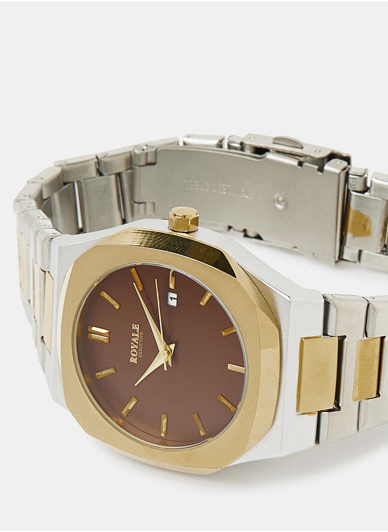Royale Mega Round Shape Analog Wrist Watch RE158 J - 40mm - Silver Gold  - Image 3