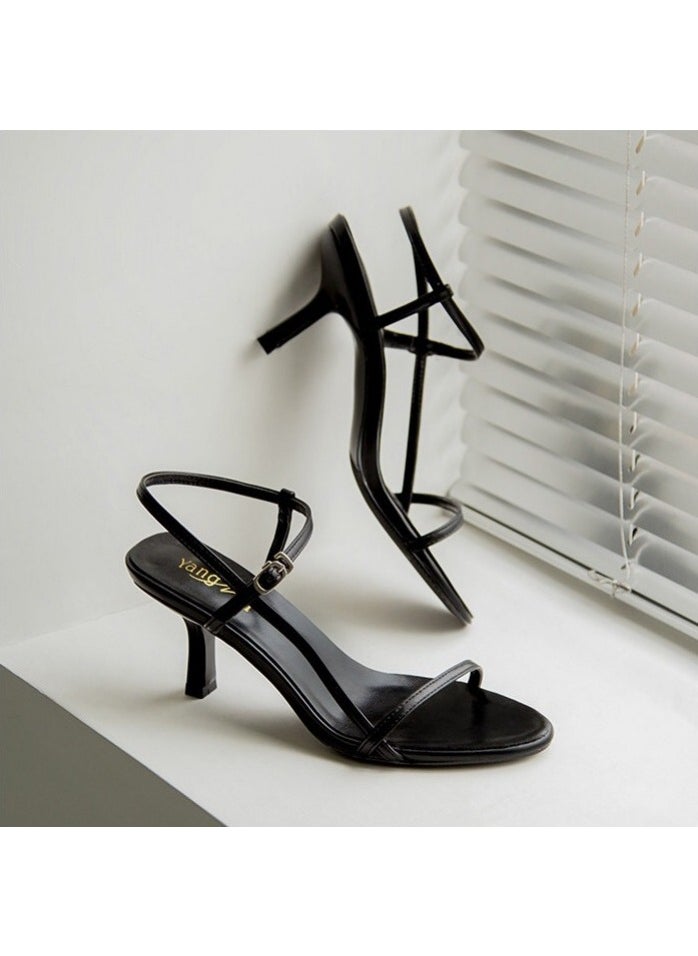 Generic - Spring 2023 New Versatile Womens Sandals With Fine Heel One-Piece Buckle High Heel Shoes Black Color Rubber Sole China Made Black (6.5cm) - Image 1