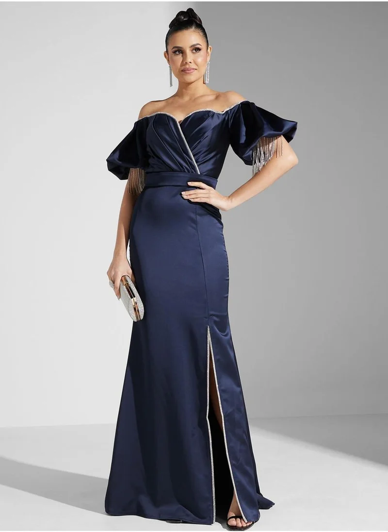 اكاديا فاشن Bardot Surplice Neck Front Slit Dress