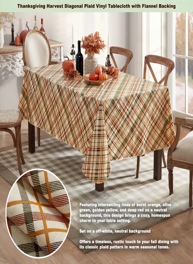 Newbridge Diagonal Plaid Vinyl Flannel Backed Tablecloth, Green Rust and Brown Plaid, 52 x 52 Inch Square Easy Care Wipe Clean Table Cover - Image 2