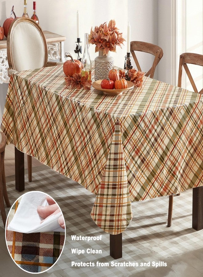Newbridge Diagonal Plaid Vinyl Flannel Backed Tablecloth, Green Rust and Brown Plaid, 52 x 52 Inch Square Easy Care Wipe Clean Table Cover - Image 3