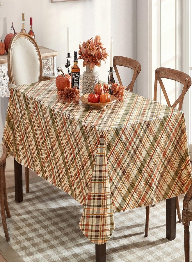 Newbridge Diagonal Plaid Vinyl Flannel Backed Tablecloth, Green Rust and Brown Plaid, 52 x 52 Inch Square Easy Care Wipe Clean Table Cover - Image 1