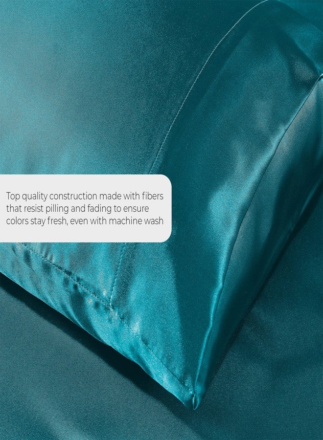 Pure Bedding Satin Sheets King [4-Piece, Teal] Hotel Luxury Silky Bed Sheets - Extra Soft 1800 Microfiber Sheet Set, Wrinkle, Fade, Stain Resistant - Deep Pocket Fitted Sheet, Flat Sheet, Pillow Cases - Image 3