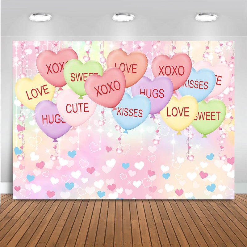 Mocsicka Valentine's Day Backdrop Kisses Hugs XOXO Photography Background Glitter Pastel Colorful Love Heart Balloons Party Decorations Photo Booth Props (7x5ft(82''x60''), Pink) - Image 1