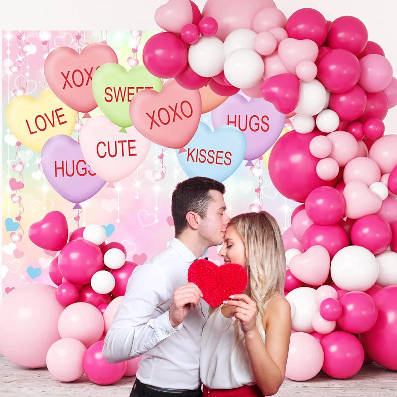 Mocsicka Valentine's Day Backdrop Kisses Hugs XOXO Photography Background Glitter Pastel Colorful Love Heart Balloons Party Decorations Photo Booth Props (7x5ft(82''x60''), Pink) - Image 2