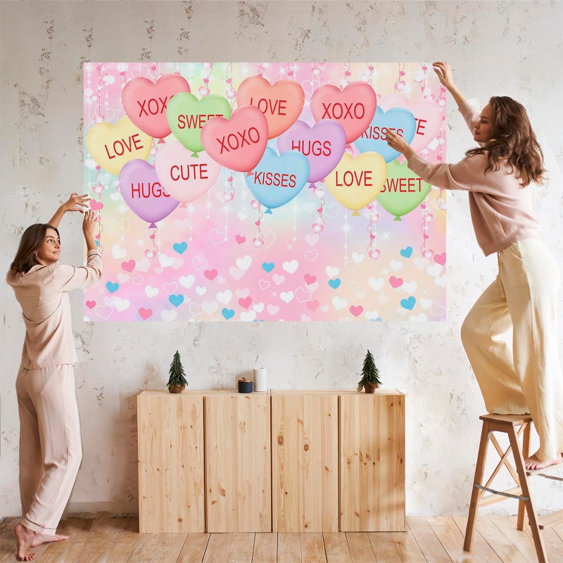 Mocsicka Valentine's Day Backdrop Kisses Hugs XOXO Photography Background Glitter Pastel Colorful Love Heart Balloons Party Decorations Photo Booth Props (7x5ft(82''x60''), Pink) - Image 4