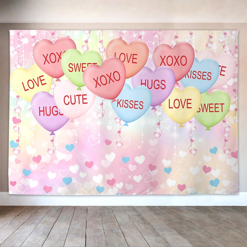 Mocsicka Valentine's Day Backdrop Kisses Hugs XOXO Photography Background Glitter Pastel Colorful Love Heart Balloons Party Decorations Photo Booth Props (7x5ft(82''x60''), Pink) - Image 3