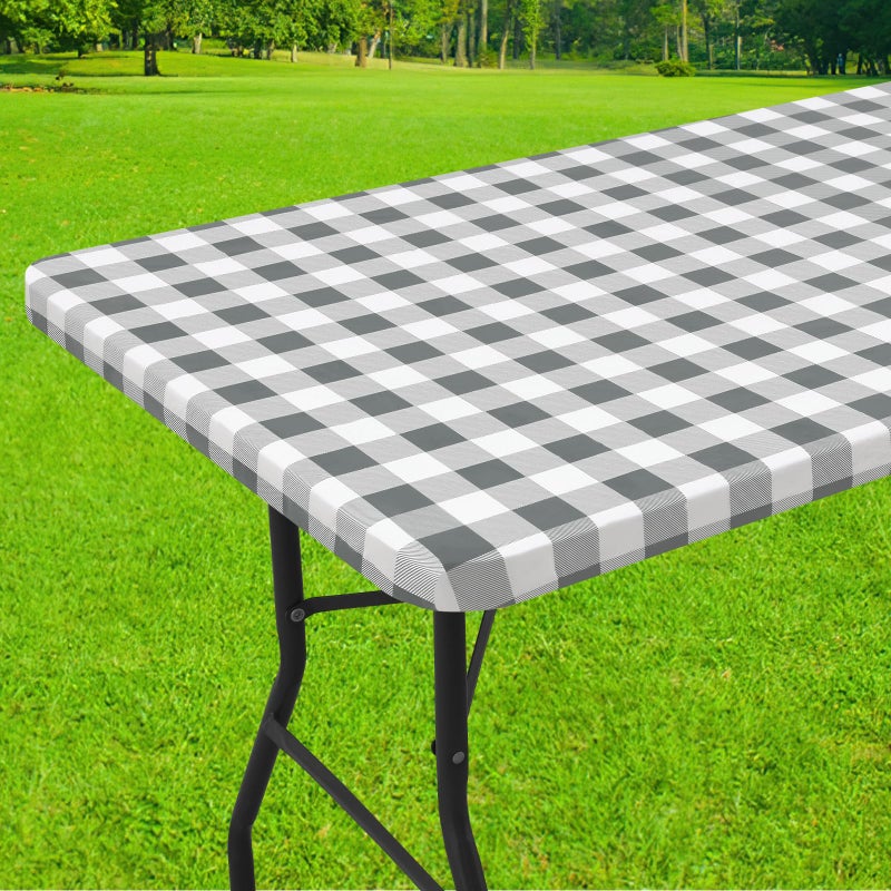 Smiry Rectangle Picnic Table Cloth, Elastic Waterproof Fitted Vinyl Tablecloths, Flannel Backed Buffalo Plaid Table Covers for Dining, Camping, Outdoor (White and Grey, 30" x 72") - Image 1