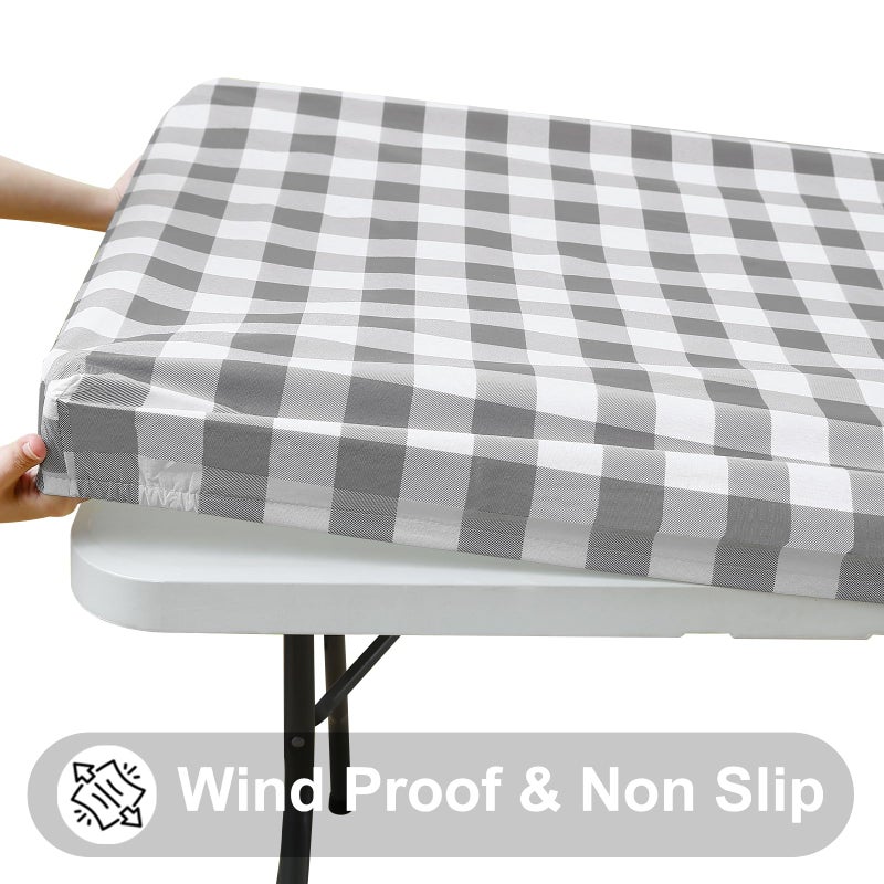 Smiry Rectangle Picnic Table Cloth, Elastic Waterproof Fitted Vinyl Tablecloths, Flannel Backed Buffalo Plaid Table Covers for Dining, Camping, Outdoor (White and Grey, 30" x 72") - Image 2