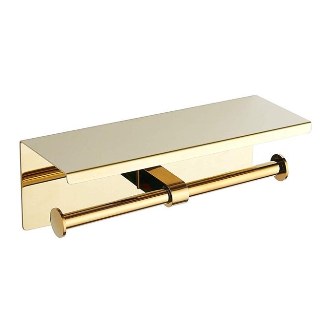 TOILET PAPER HOLDER STAINLESS STEEL TOILET PAPER ROLL HOLDER WITH SHELF WALL MOUNTED FOR BATHROOM GOLD DOUBLE HEAD