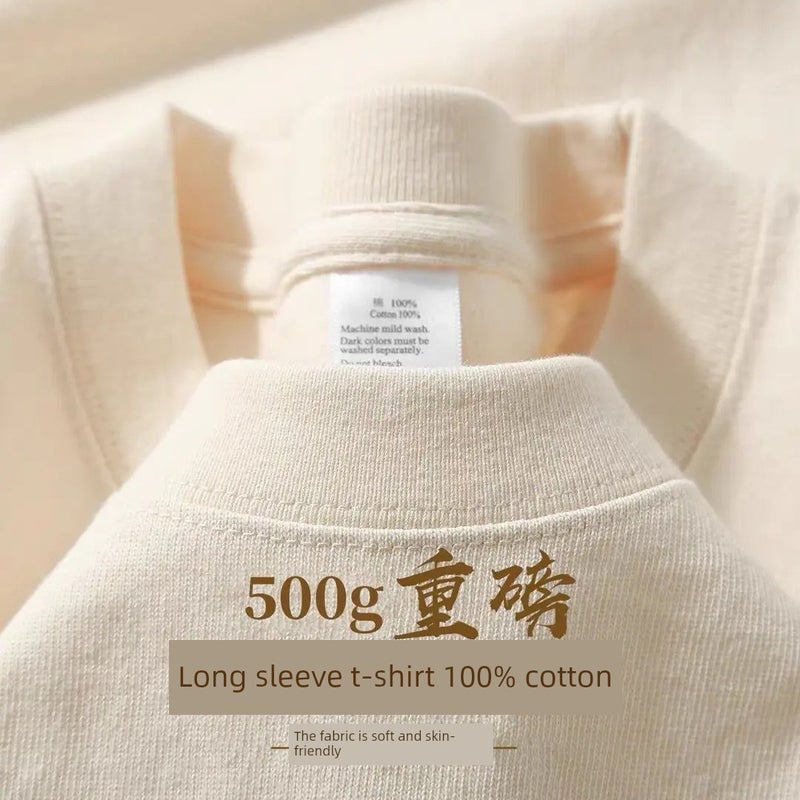500G heavyweight American-style loose small collar long-sleeved T-shirt with three needles, men's and women's heavyweight casual inner layer base shirt - Image 2