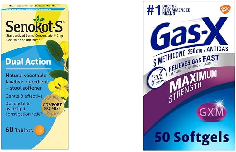 SenokotS Dual Action 60 Tablets Natural Vegetable Laxative Ingredient Plus Stool Softener Tablets  GasX Maximum Strength Gas Relief Softgels with Simethicone 250 mg for Bloating Relief  50 Count - Image 1