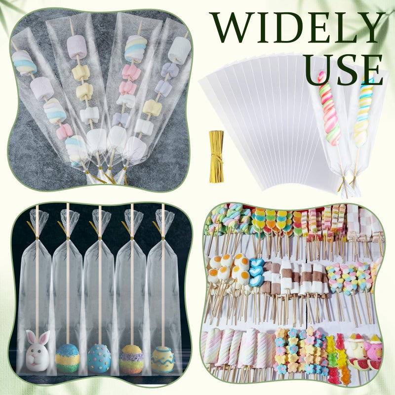 Yexiya Candy Kabob Bags with Sticks100 Cellophane Treat Bags with Twist Ties and 100 Natural Bamboo Skewers 3 x 11 Inches Clear Rod Bag for Packaging Marshmallow Pretzel Treat Candies - Image 5