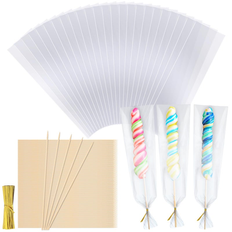 Yexiya Candy Kabob Bags with Sticks100 Cellophane Treat Bags with Twist Ties and 100 Natural Bamboo Skewers 3 x 11 Inches Clear Rod Bag for Packaging Marshmallow Pretzel Treat Candies - Image 1