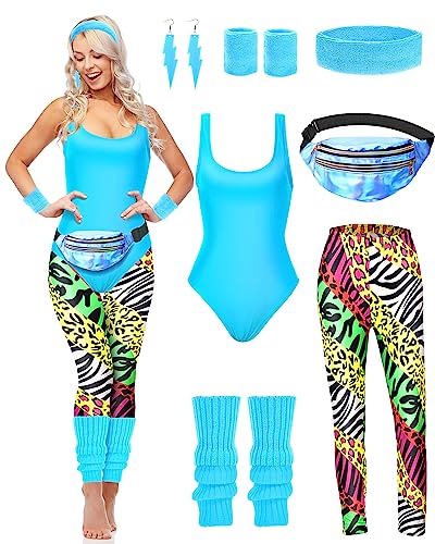 Hercicy 7 Pcs 80s Workout Costume 80s Accessories Set 90s Leotard Legging Headband Wristbands Leg Warmers Earrings Fanny Pack(X-Large) - Image 1