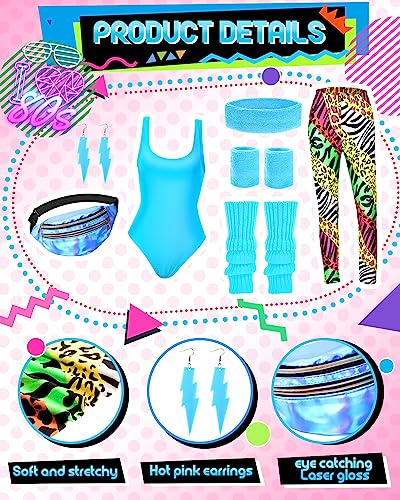 Hercicy 7 Pcs 80s Workout Costume 80s Accessories Set 90s Leotard Legging Headband Wristbands Leg Warmers Earrings Fanny Pack(X-Large) - Image 3