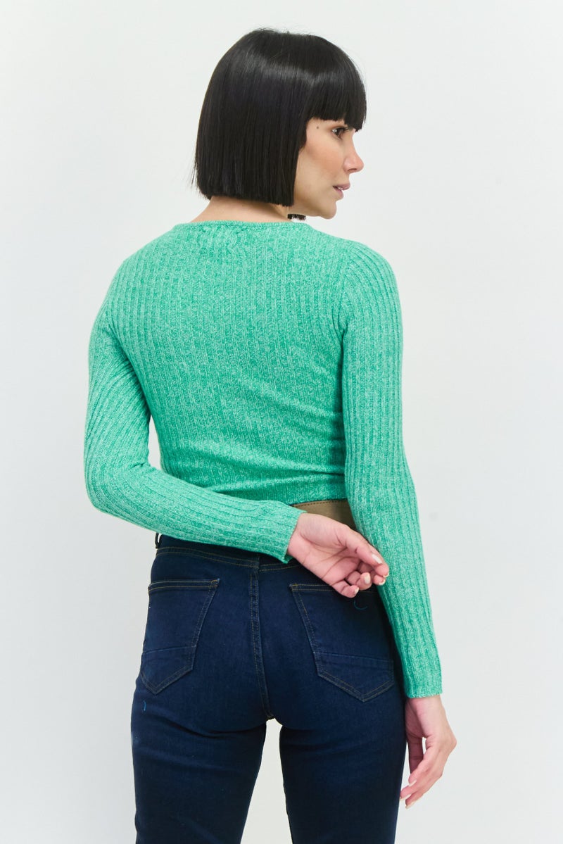 ASOS بلوزة نسائية صغيرة ذات ياقة دائرية وأكمام طويلة محبوكة، خضراء - Image 3