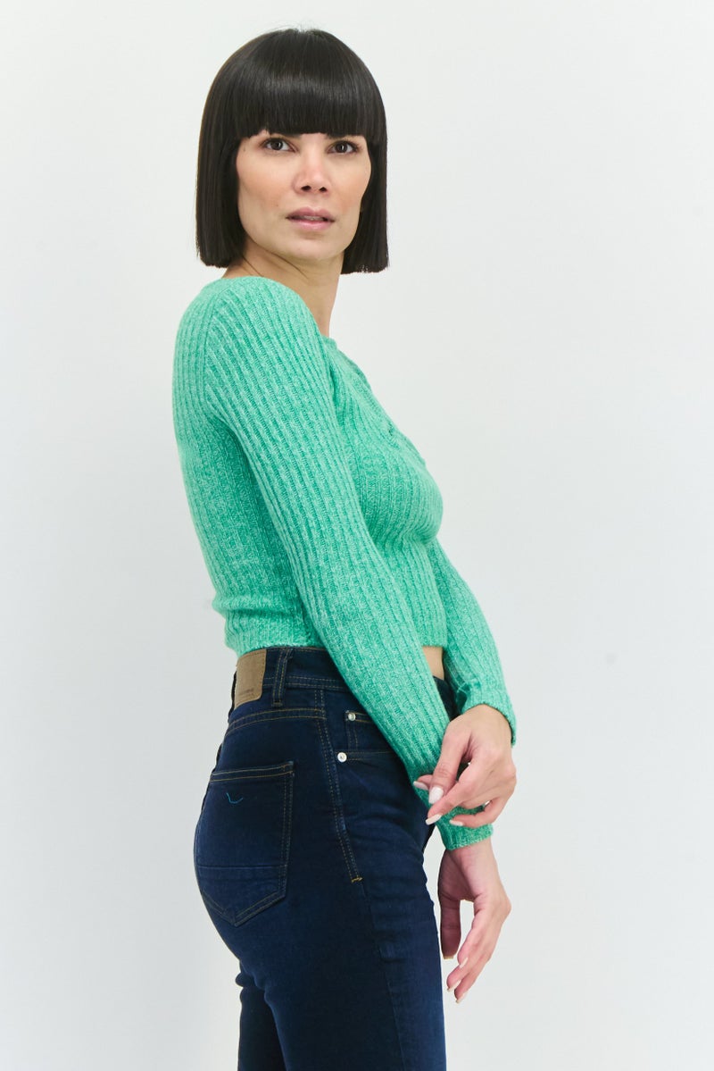 ASOS بلوزة نسائية صغيرة ذات ياقة دائرية وأكمام طويلة محبوكة، خضراء - Image 2