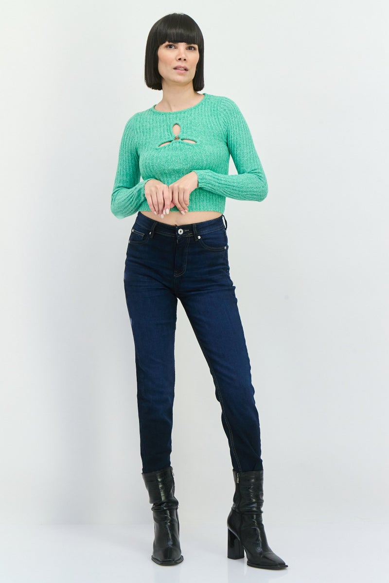 ASOS بلوزة نسائية صغيرة ذات ياقة دائرية وأكمام طويلة محبوكة، خضراء - Image 4