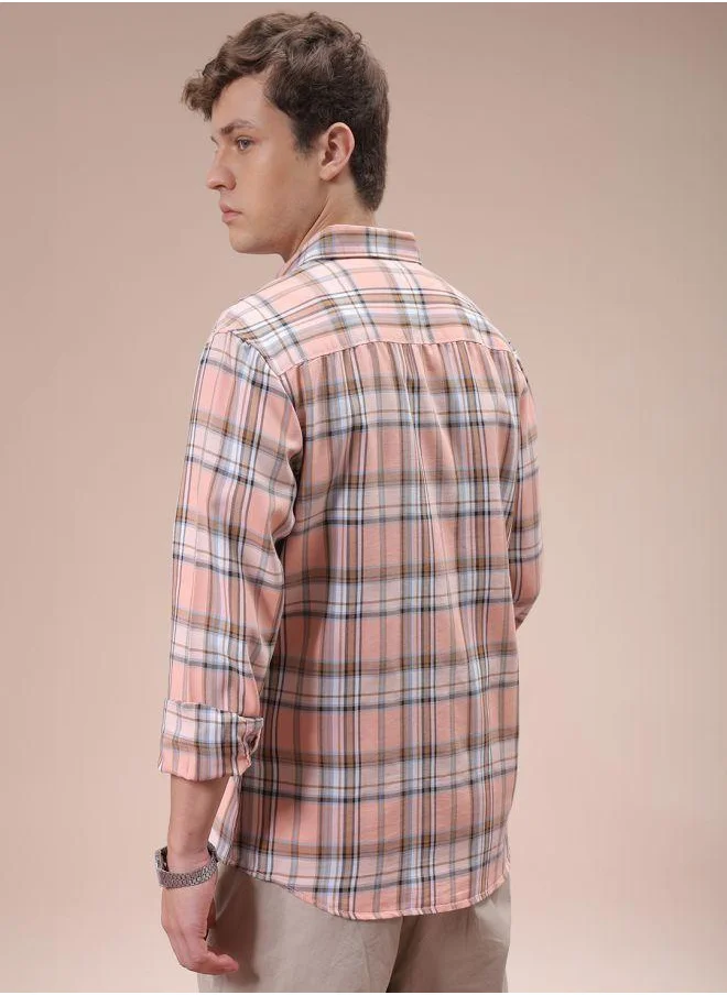 The Indian Garage Co Men Slim Fit Checkered Full Sleeves Cutaway Collar Casual Shirt