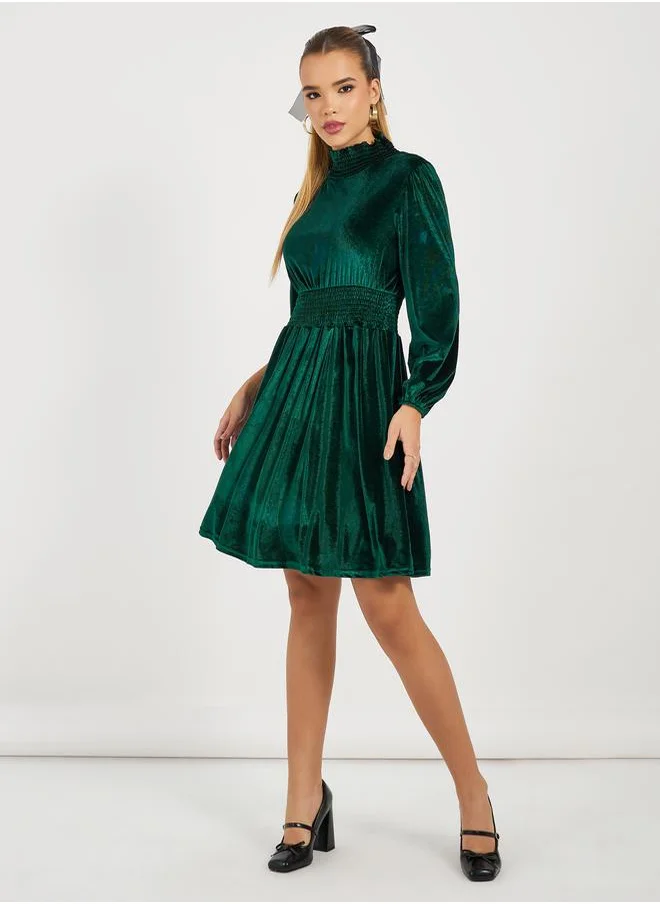 Styli Velvet Look High Neck A-Line Mini Dress