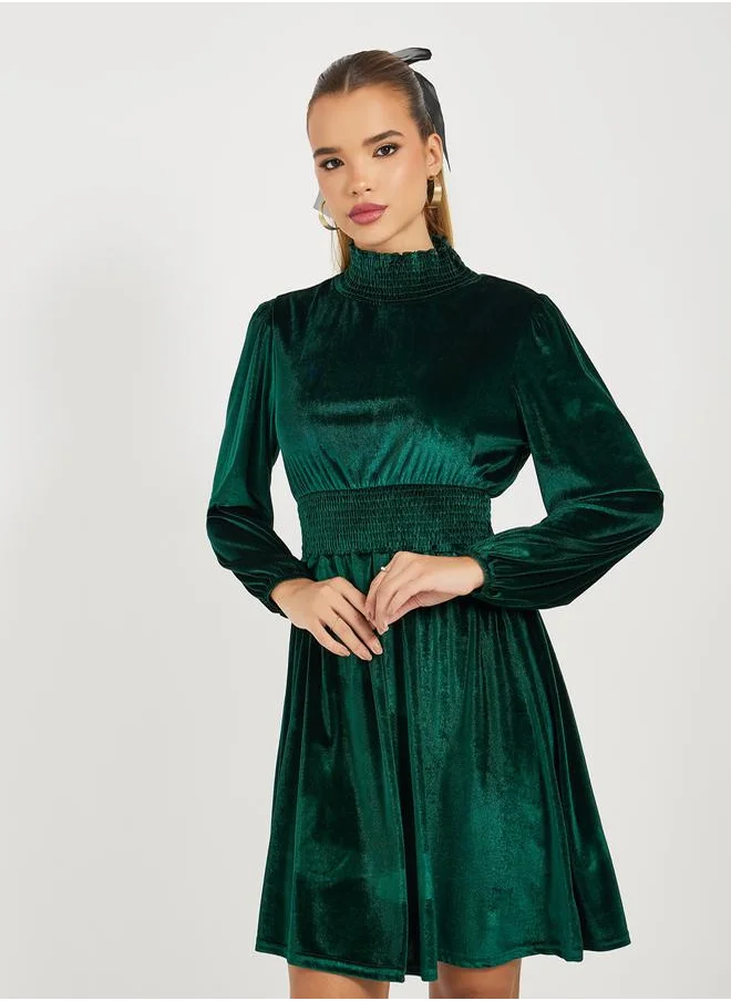 Styli Velvet Look High Neck A-Line Mini Dress