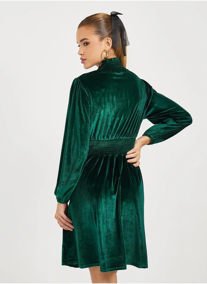 Styli Velvet Look High Neck A-Line Mini Dress