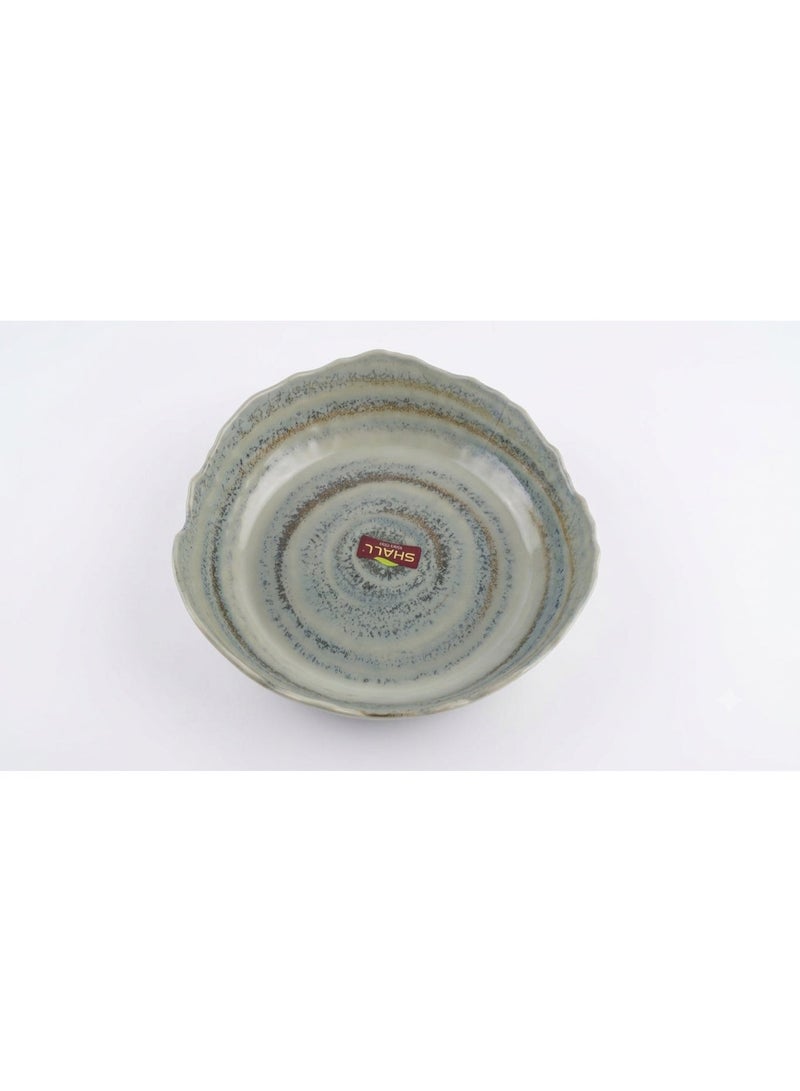 SHALL Round melamine serving dish with an irregular wavy pattern, break-resistant, for kitchen and dining table, rustic beige olive color. - Image 1