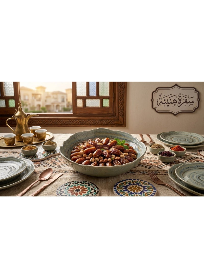 SHALL Round melamine serving dish with an irregular wavy pattern, break-resistant, for kitchen and dining table, rustic beige olive color. - Image 2