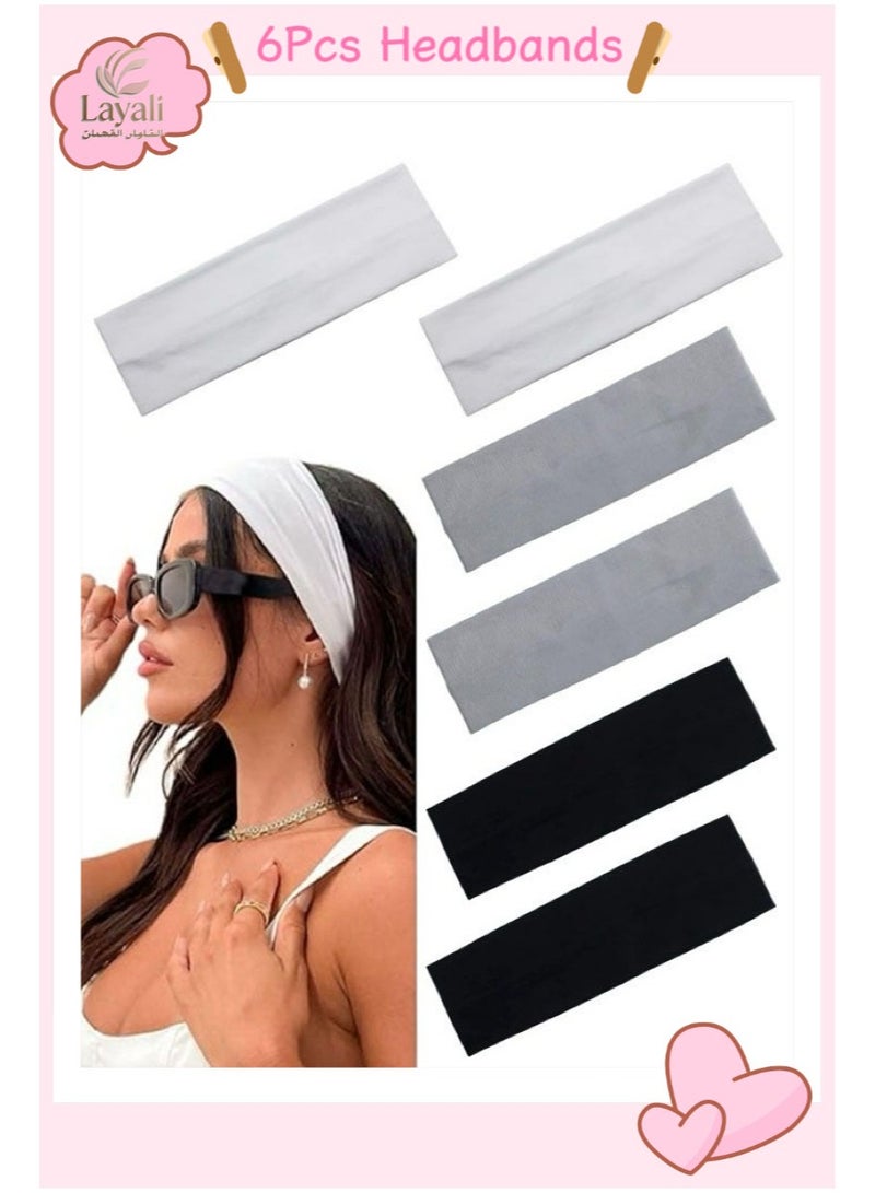 Layali 6 Pcs Headbands, Non Slip Soft Cotton Sport Elastic Hairbands for Men and Women, Thin Summer Headband, Soft Cotton Hair Bands for Yoga, Workout, Running, Cycling (Black, Gray, White) - Image 1