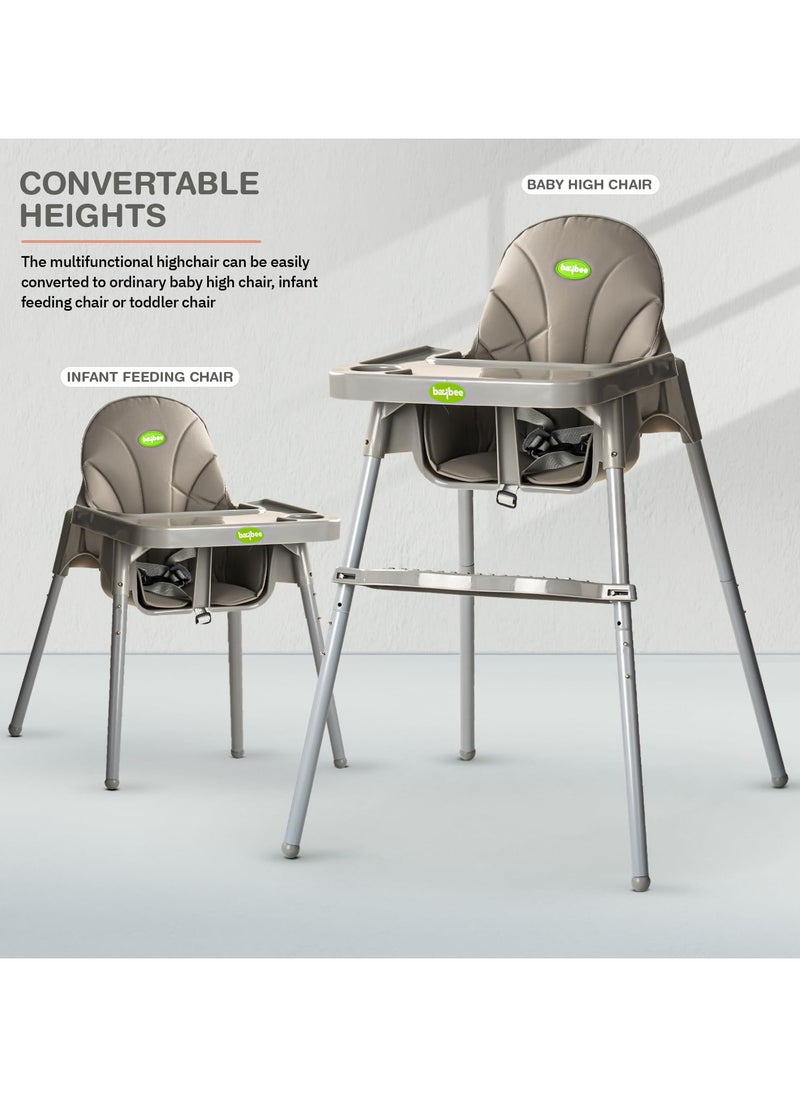 BAYBEE - 2 in 1 Clento Baby High Chair for Kids, Baby Feeding Chair With 2 Height Adjustable, Footrest, Tray, Stand, 3 Point Safety Belt, Kids High Chair For Baby 6 Months To 3 Years - Grey - Image 1