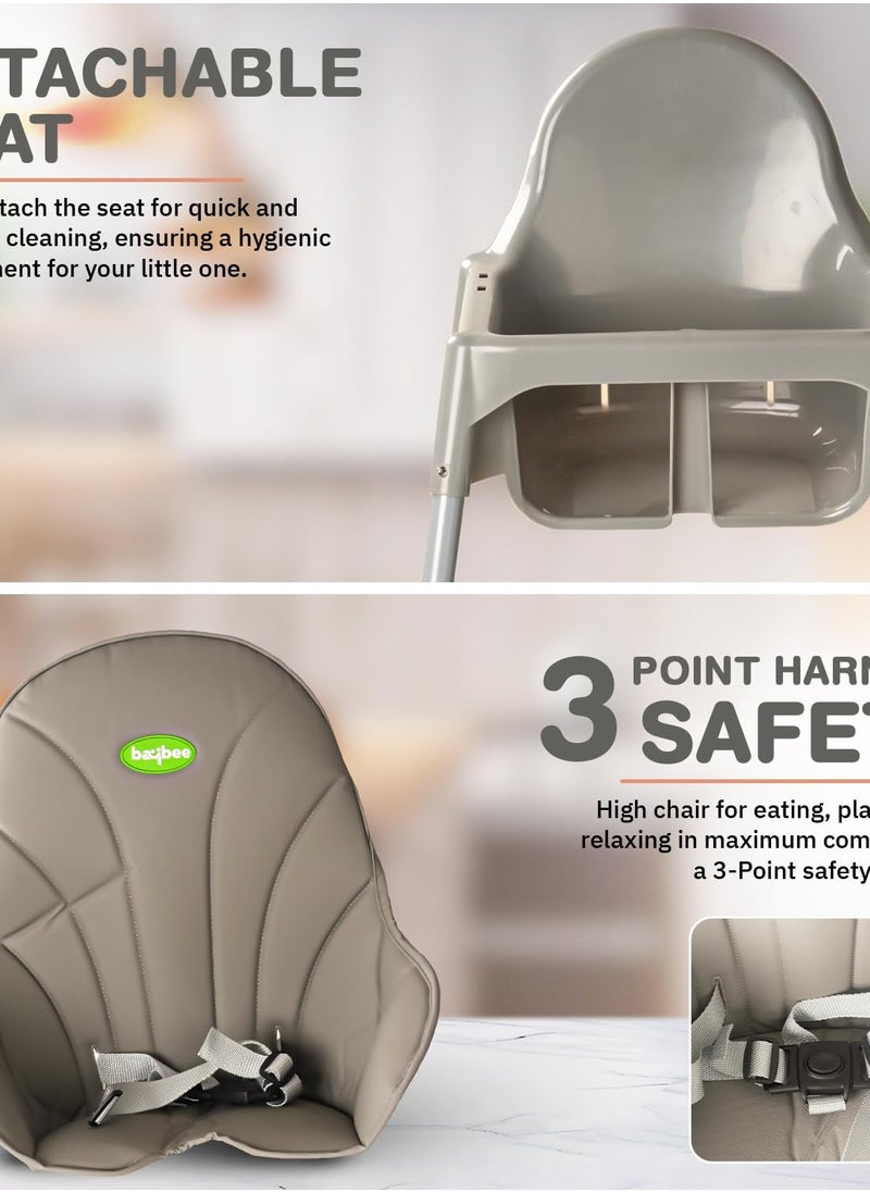 BAYBEE - 2 in 1 Clento Baby High Chair for Kids, Baby Feeding Chair With 2 Height Adjustable, Footrest, Tray, Stand, 3 Point Safety Belt, Kids High Chair For Baby 6 Months To 3 Years - Grey - Image 1