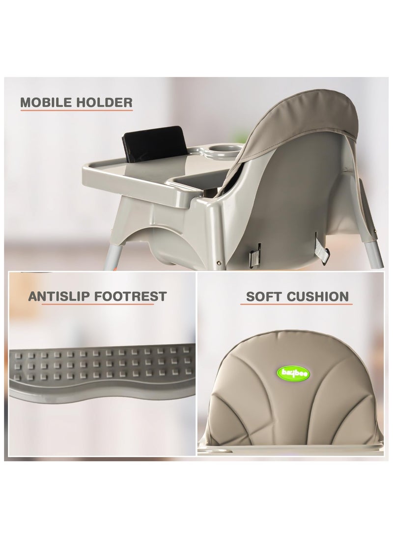 BAYBEE - 2 in 1 Clento Baby High Chair for Kids, Baby Feeding Chair With 2 Height Adjustable, Footrest, Tray, Stand, 3 Point Safety Belt, Kids High Chair For Baby 6 Months To 3 Years - Grey - Image 1
