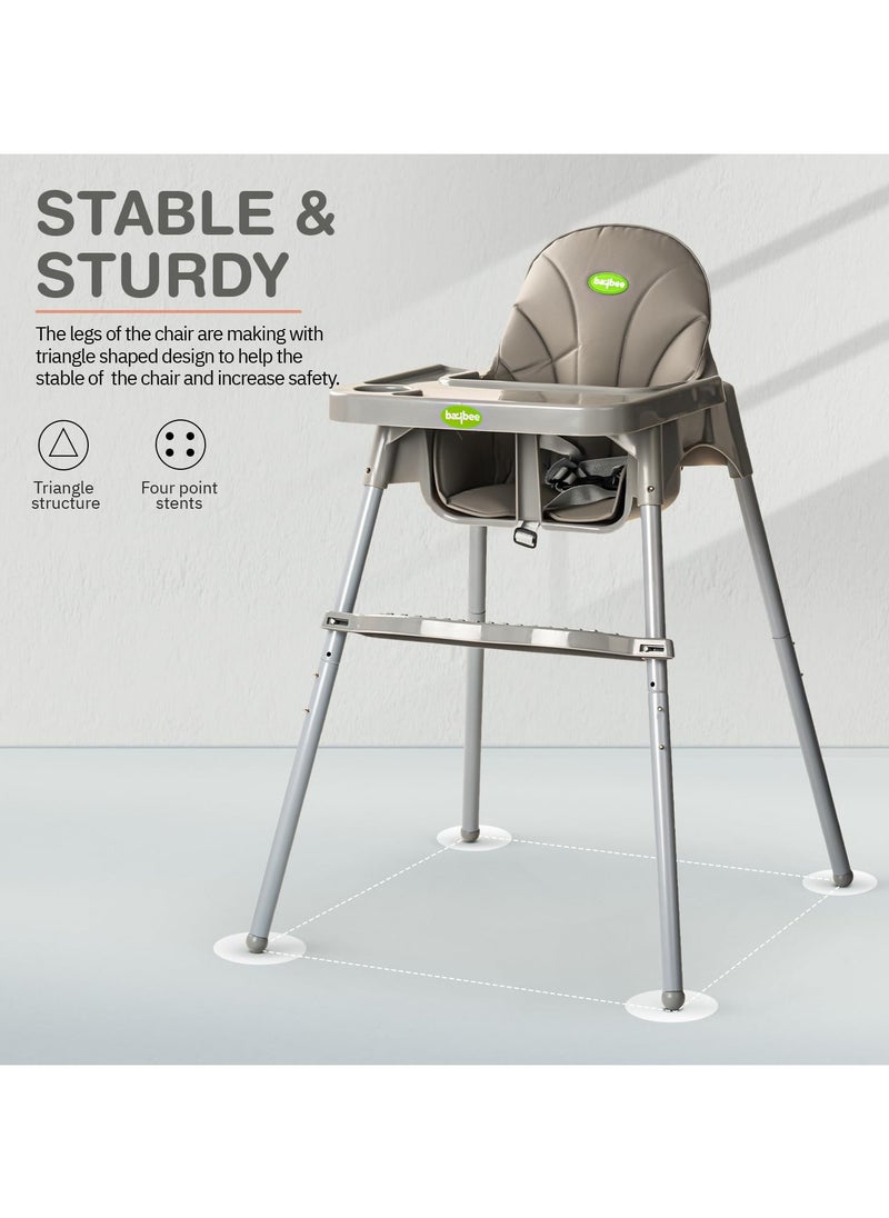 BAYBEE - 2 in 1 Clento Baby High Chair for Kids, Baby Feeding Chair With 2 Height Adjustable, Footrest, Tray, Stand, 3 Point Safety Belt, Kids High Chair For Baby 6 Months To 3 Years - Grey - Image 1
