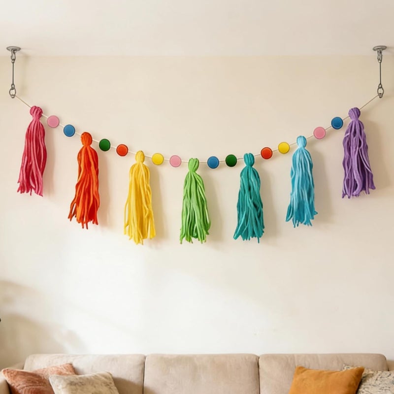 Colorful Pom Pom Garland, 3 Pcs, 4.3 Ft Felt Banner with Rainbow Yarn Tassels, for Bohemian Home Decor, Parties, Showers, Laying Flat - Image 4