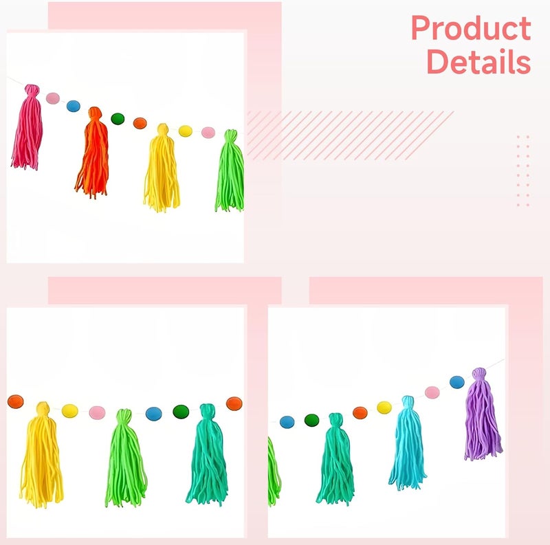 Colorful Pom Pom Garland, 3 Pcs, 4.3 Ft Felt Banner with Rainbow Yarn Tassels, for Bohemian Home Decor, Parties, Showers, Laying Flat - Image 5