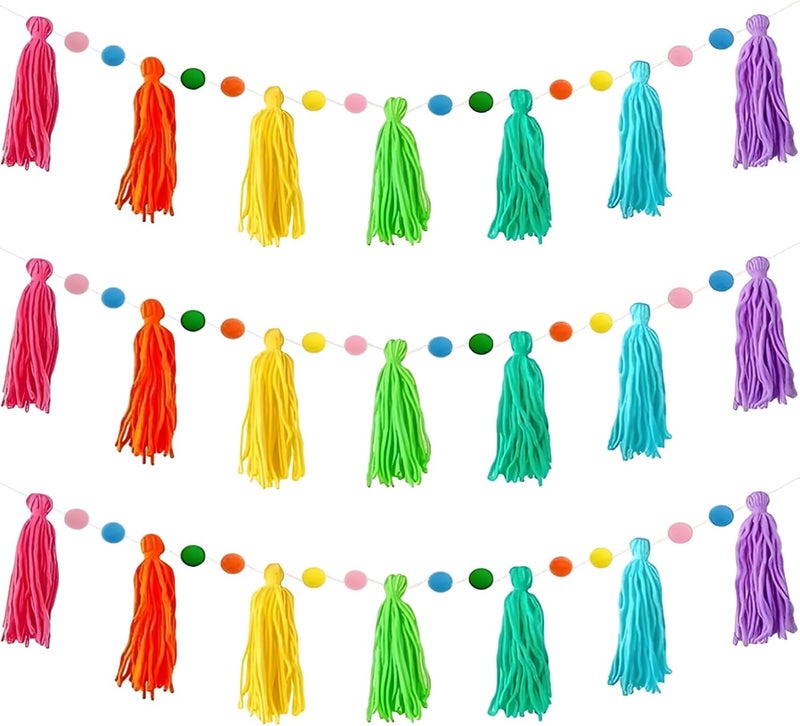 Colorful Pom Pom Garland, 3 Pcs, 4.3 Ft Felt Banner with Rainbow Yarn Tassels, for Bohemian Home Decor, Parties, Showers, Laying Flat - Image 1